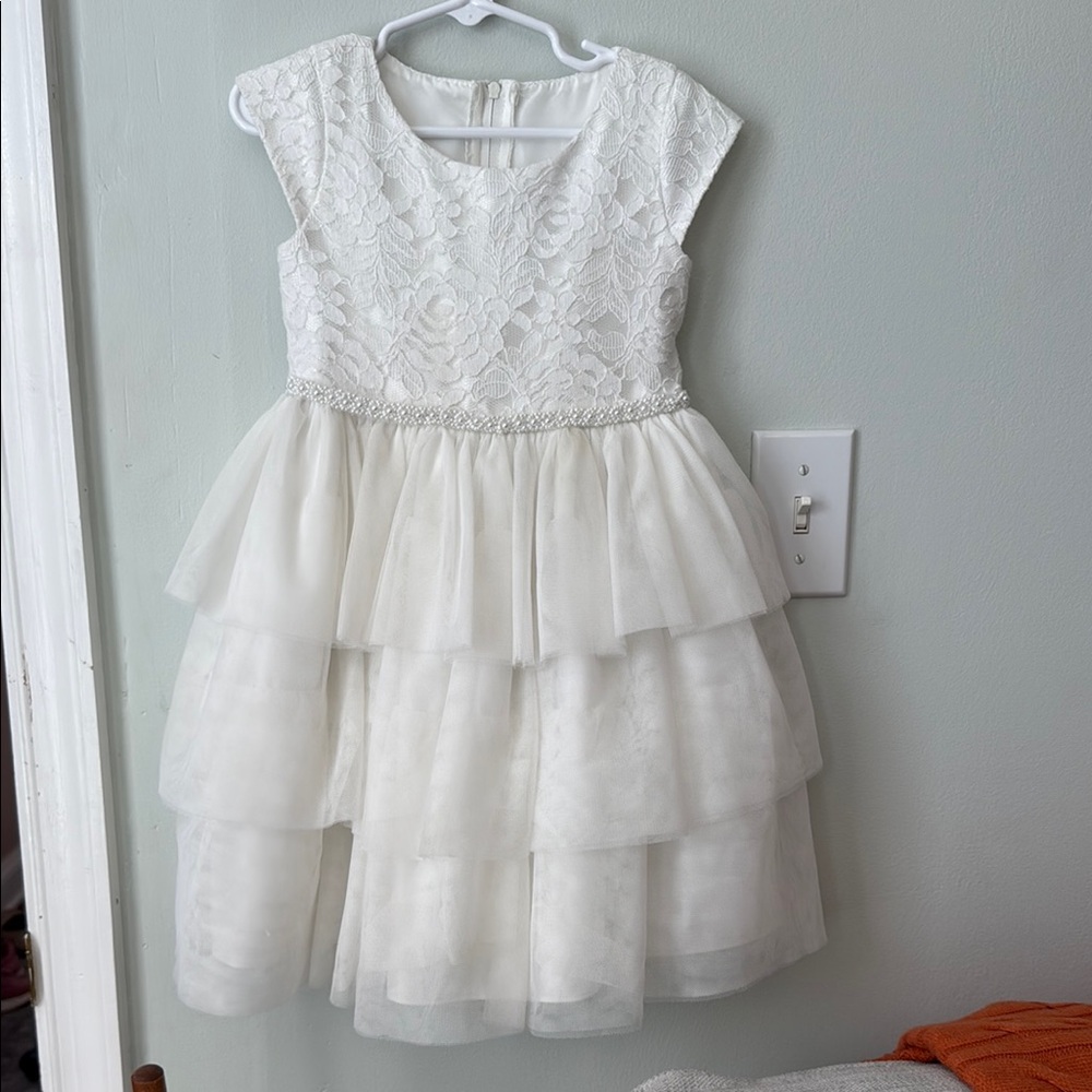 White and Cream Ruffled Tiered Fit and Flare Dress
